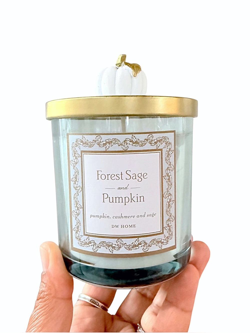 DW Home Forest Sage & Pumpkin Luxury Scented Candle in Light Blue, White & Gold